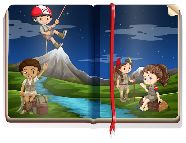 Free vector book with kids camping in park