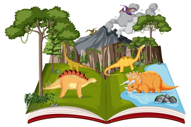 Book with scene of dinosaurs by the river