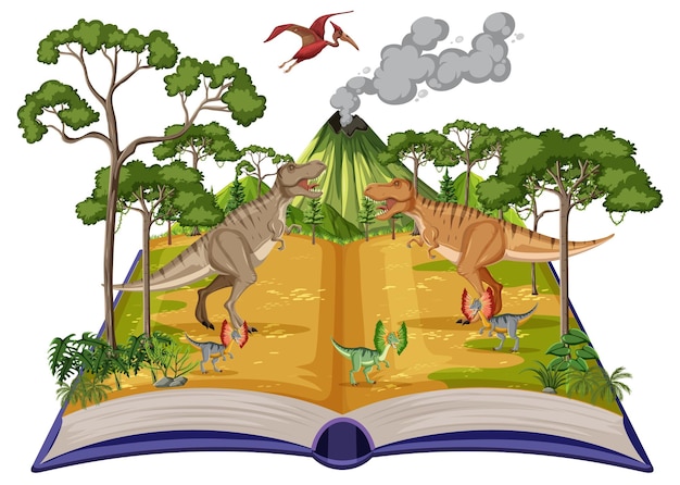 Free vector book with scene of dinosaurs in forest