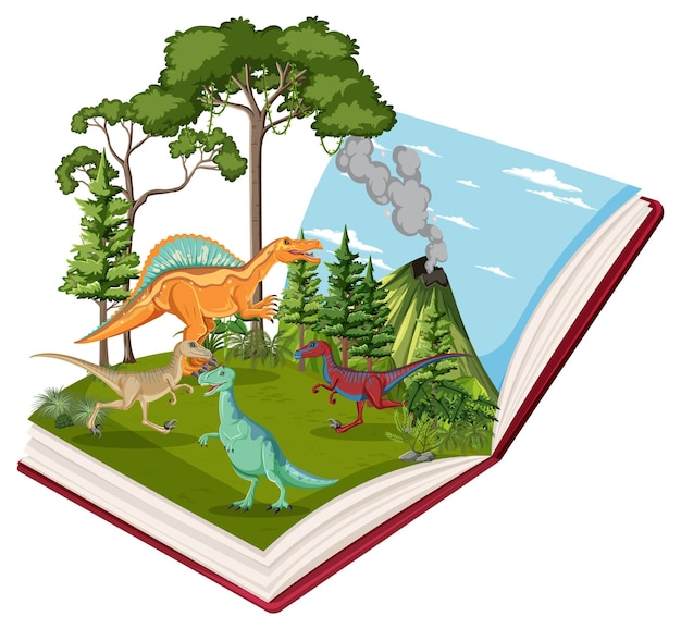 Книга со сценой динозавров в лесу