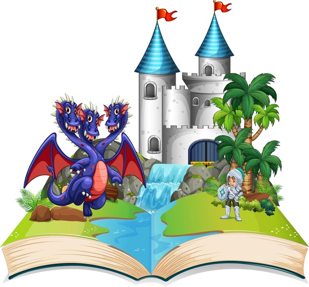 Vettore gratuito libro con scena di drago e cavaliere