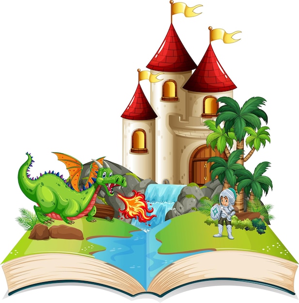 Бесплатное векторное изображение Книга со сценой битвы дракона и рыцаря