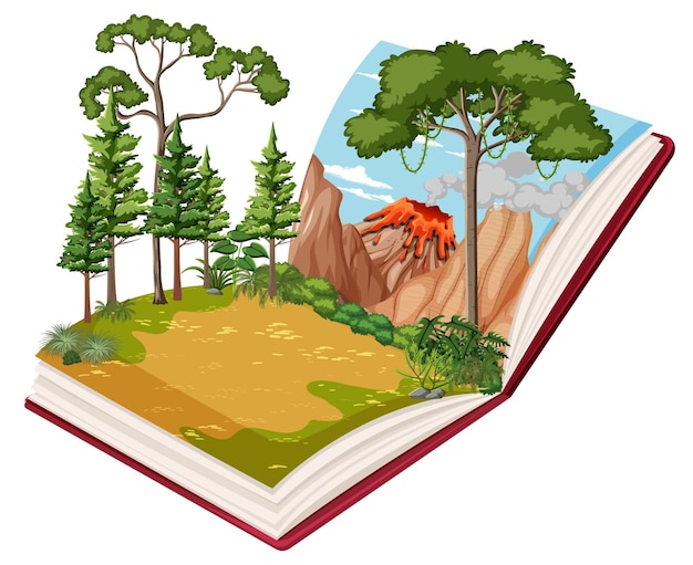 Книга со сценой вулкана в лесу