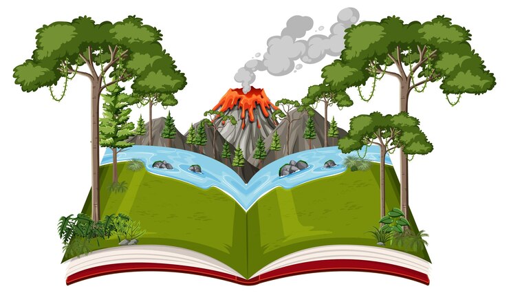 Free Vector book with scene of volcano and forest