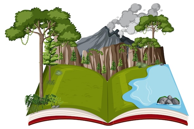 Free vector book with volcano and forest