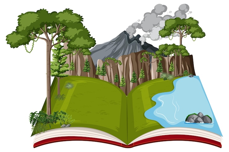 Free Vector book with volcano and forest