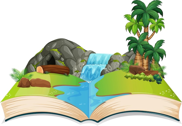 Free vector book with waterfall and trees in the scene