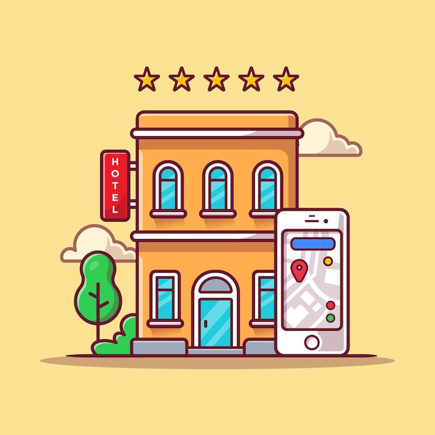 Booking Hotel Online Cartoon  Icon Illustration. Business Technology Icon Concept 