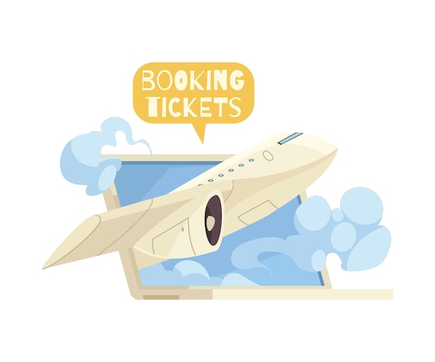 Free vector booking tickets online composition with laptop and flying plane cartoon  illustration