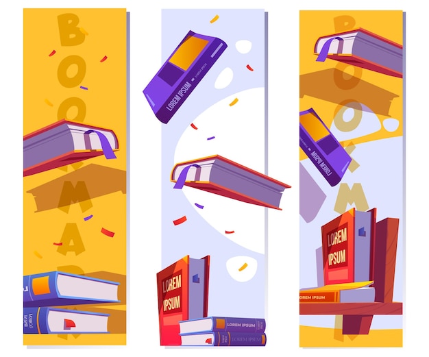 Free vector bookmarks template for reading literature in school or library vector vertical banners with cartoon ...