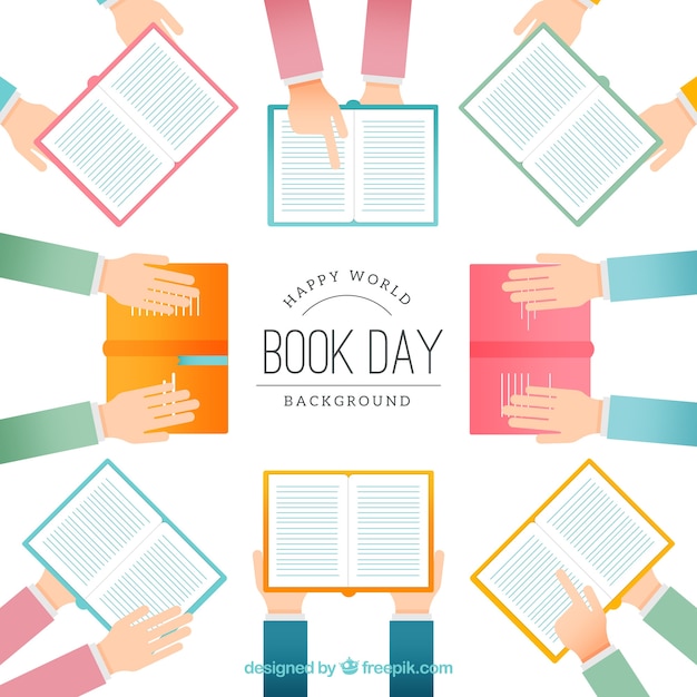 Books background with hands on flat design