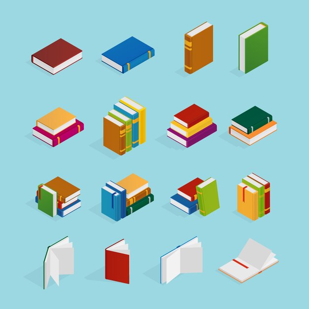 Books Isometric Icons Set