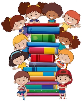Books with children on white background