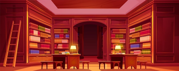 Bookshelf in library interior with table and chair background illustration cartoon librarian wooden shelf in school or college archive cartoon graphic bookstore furniture with desk and lamp in hall