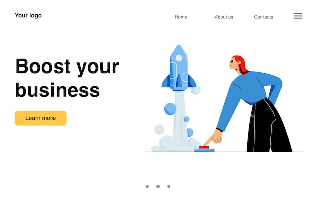 Free vector boost your business banner concept of fast launch and development project start up vector landing page of startup strategy with flat illustration of woman pushing button and flying rocket