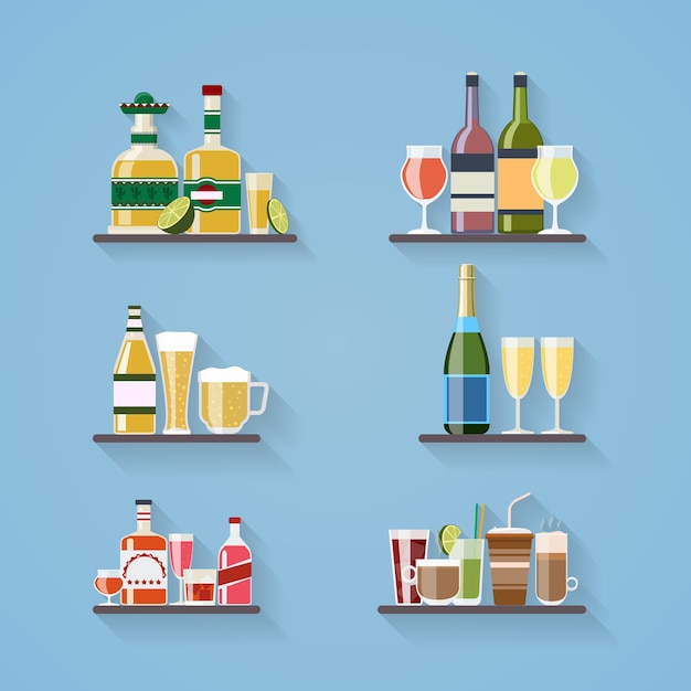 Free vector booze or drinks on tray at bar set in flat style