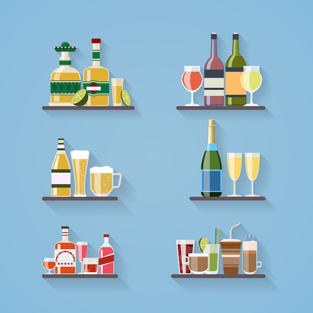 Бесплатное векторное изображение Выпивка или напитки на подносе в баре в плоском стиле