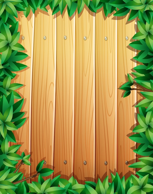 Free vector border design with green leaves on wooden wall
