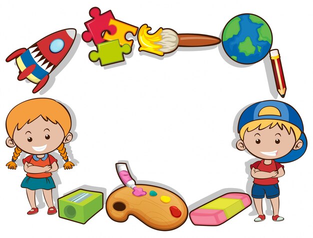 행복한 아이들과 장난감으로 테두리 디자인