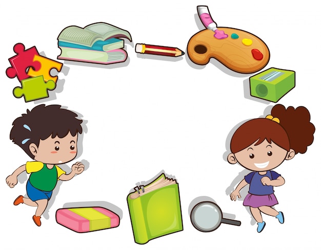 Free Vector border design with kids and stationeries