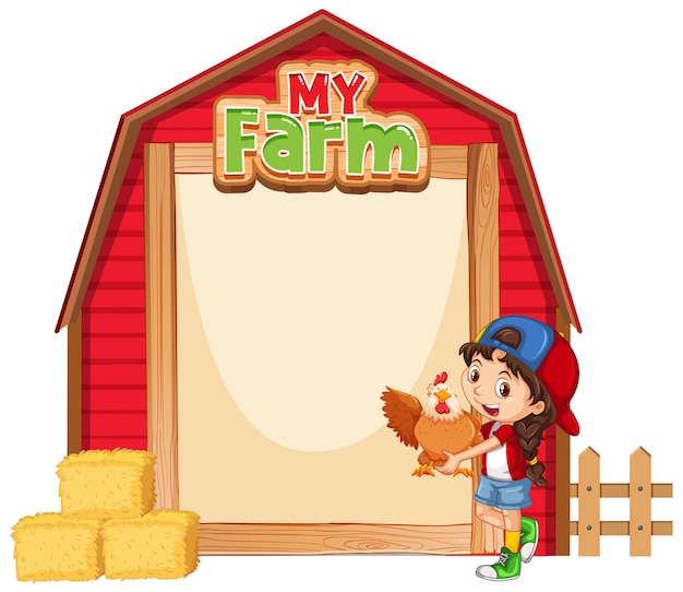 Border template design with girl and chicken