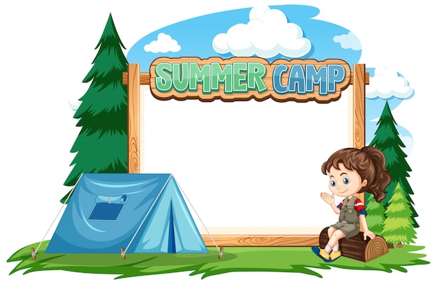 Free vector border template design with girl at summer camp