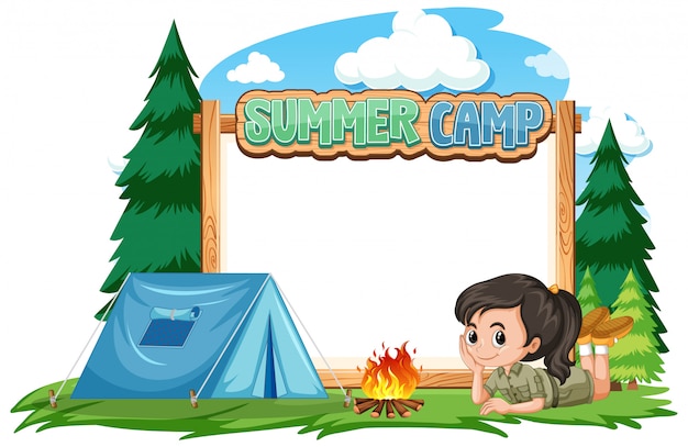 Free vector border template design with girl at summer camp