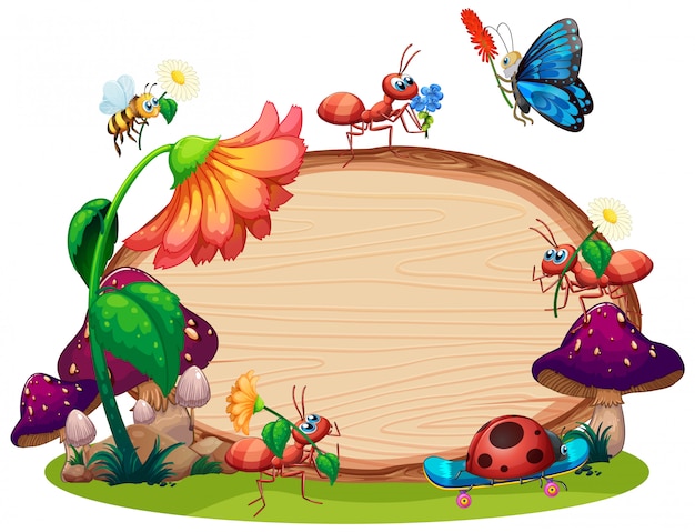 Free vector border template design with insects in the garden background