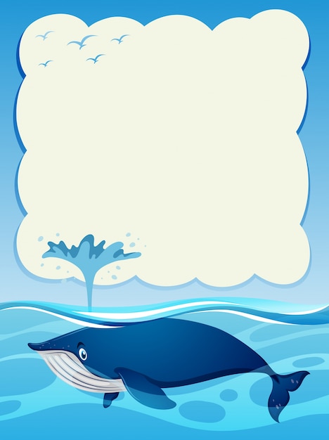 Free vector border template with blue whale in the ocean