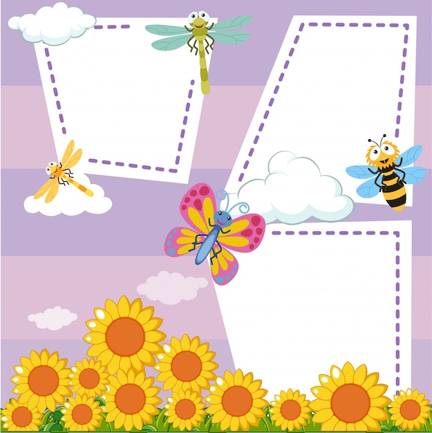 Free vector border template with bugs in sunflower garden