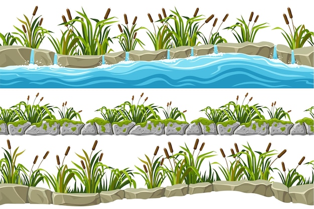 Confini vecchio grigio roccia canna erba ninfea set di tife palude striscia senza soluzione di continuità