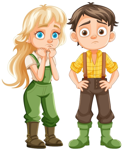 Free vector bored farmer couple in cartoon overalls