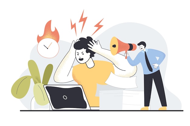 Boss shouting at exhausted employee flat vector illustration. Burnout and frustrated worker having pressing deadlines at work. Furious leader rushing man to complete tasks. Occupation concept