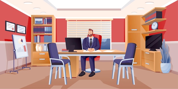 Бесплатное векторное изображение Босс сидит в бизнес-офисе счастливый руководитель или генеральный директор компании, работающий за настольным компьютером рабочее место современный дизайн интерьера фон
