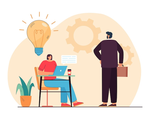 Boss standing in front of employee who working. Worker sharing idea with chief flat vector illustration. Workplace, business communication concept for banner, website design or landing web page