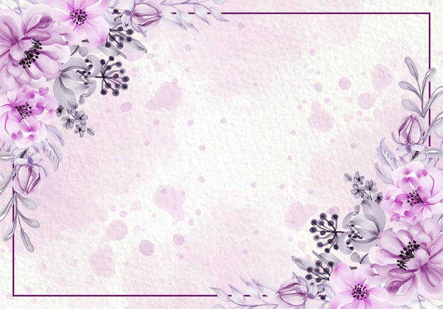 Botanic pink purple card with wild flowers, leaves, frame illustration