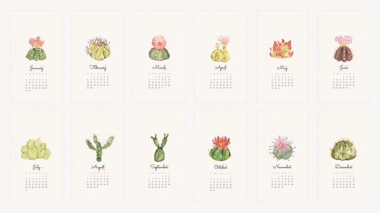 Free Vector botanical 2022 monthly calendar template, cactus iphone wallpaper vector set