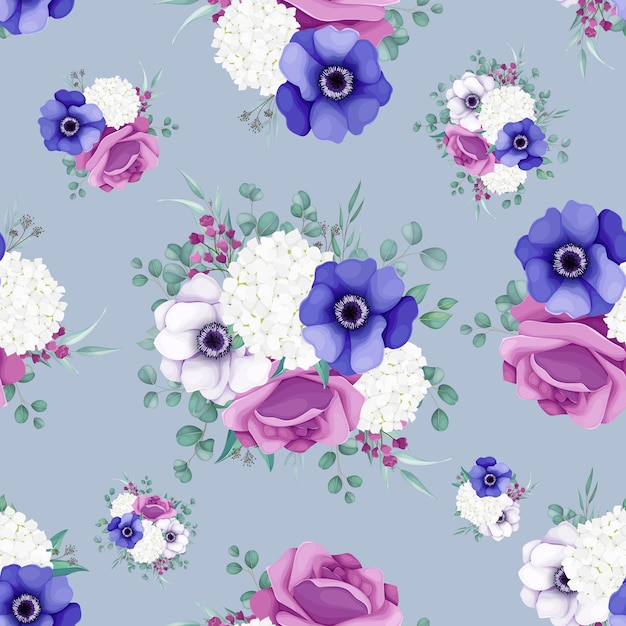 植物の花のポピーアネモネの花とバラのシームレスなパターンデザイン