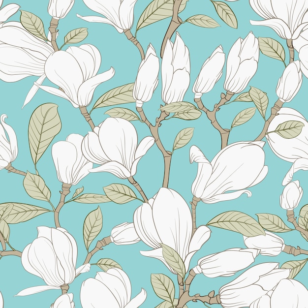 Free vector botanical seamless pattern. blooming flower magnolia.