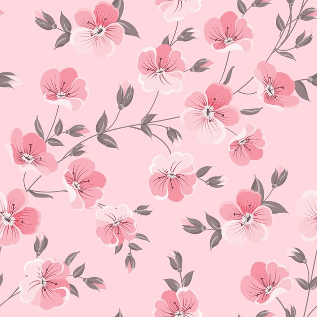 Ботанический бесшовный образец. Цветущий цветок на розовом фоне.