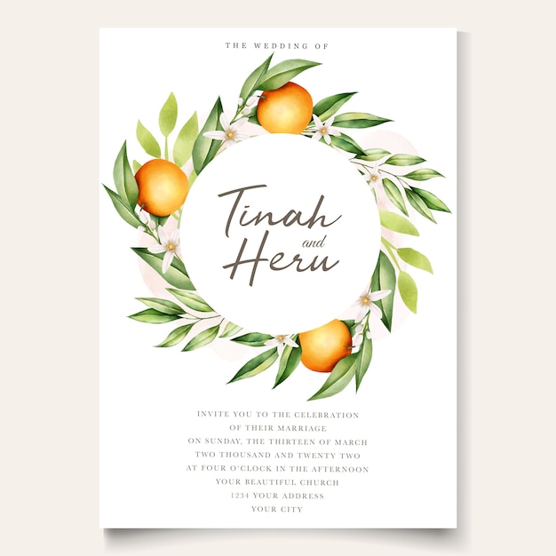 Free vector botanical watercolor orange fruits wedding invitation card template