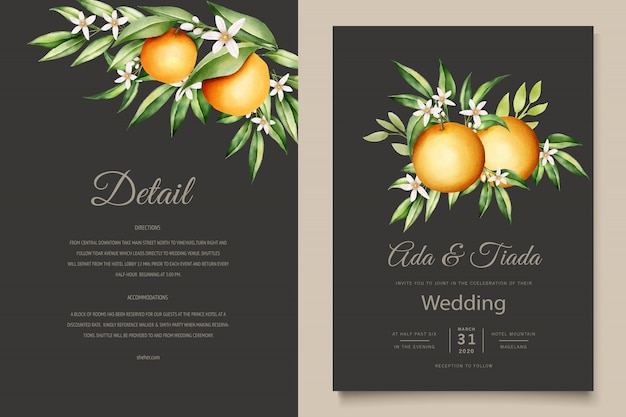 無料ベクター 植物の水彩画のオレンジ色の果物の結婚式の招待カードテンプレート