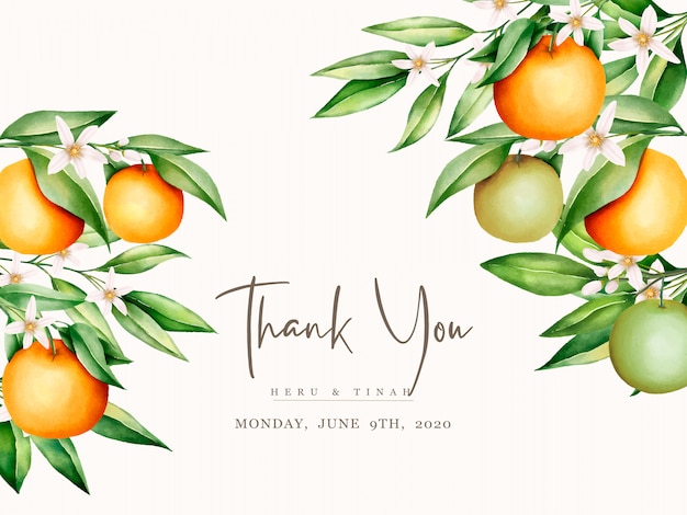 Botanical watercolor orange fruits wedding invitation card template