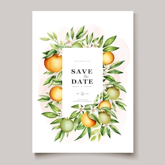 植物​の​水彩画​の​オレンジ色​の​果物​の​結婚式​の​招待​カード​テンプレート