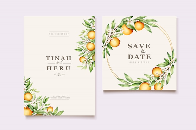 Botanical watercolor orange fruits wedding invitation card template