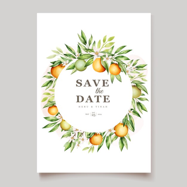 植物の水彩画のオレンジ色の果物の結婚式の招待カードテンプレート