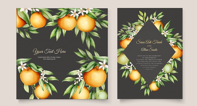 植物の水彩画のオレンジ色の果物の結婚式の招待カードテンプレート