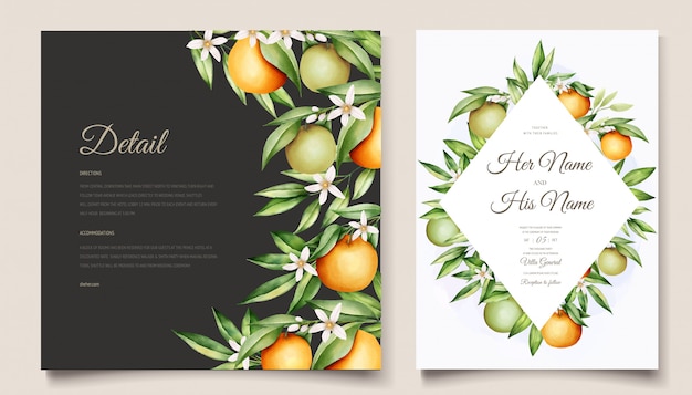 Free vector botanical watercolor orange fruits wedding invitation card template