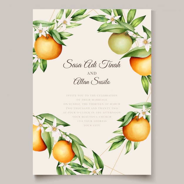 Botanical watercolor orange fruits wedding invitation card template