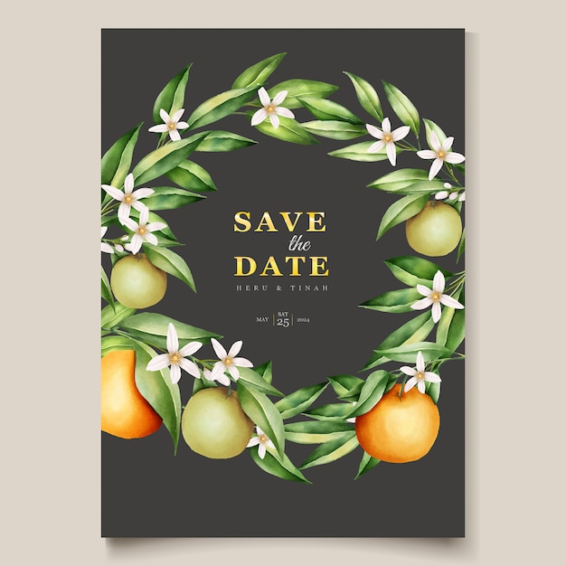 Free vector botanical watercolor orange fruits wedding invitation card template